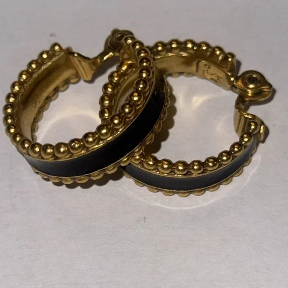 YSL VINTAGE YVES ST LAURENT black and gold clip on hoop earrings NEW CONDITION! - Picture 6 of 13